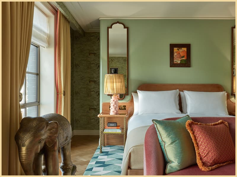 Broadwick Soho suite in Soho London with layered textiles and elephant mini bar.