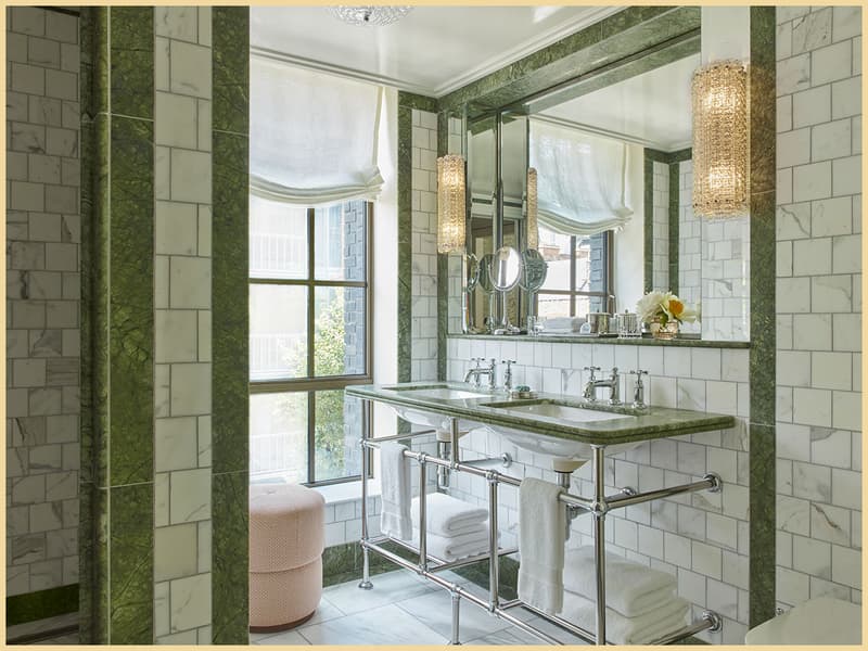 Green marble bathroom inside a Junior Suite at Broadwick Soho in Soho London.